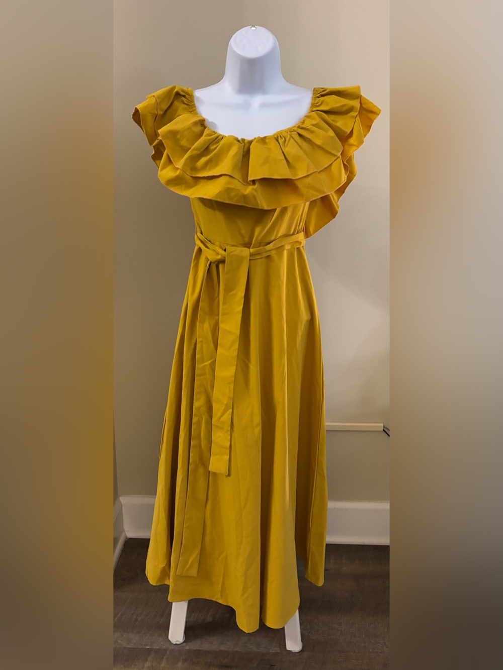 Mustard Yellow Ruffle Off-Shoulder Maxi Dress with Tie Belt